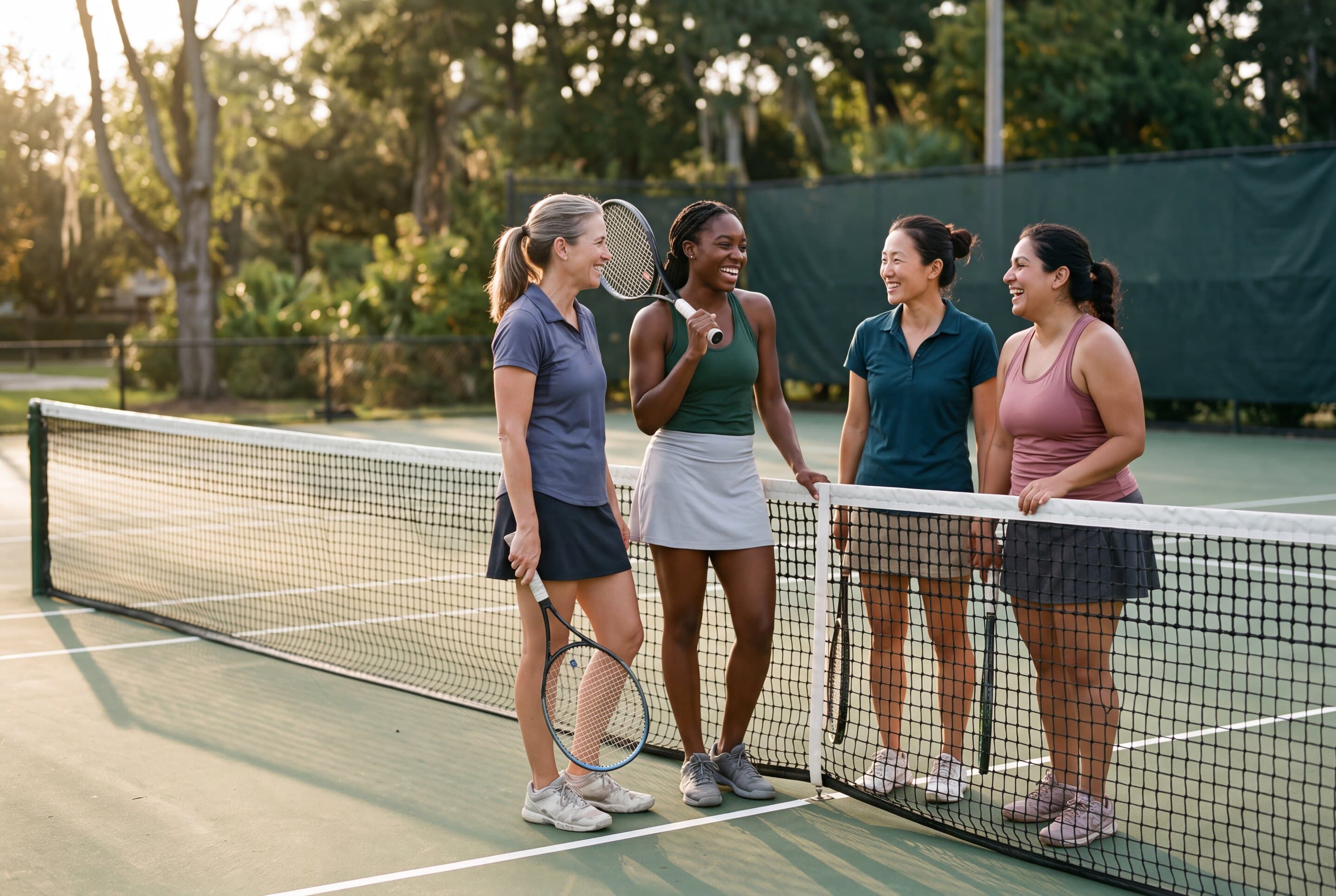 Four women standing together at the net after a doubles match on a tree-lined hard court, rackets down, mid-conversation in late afternoon light.